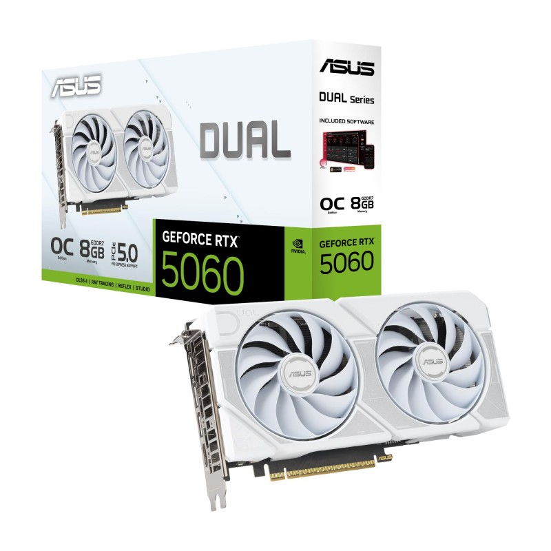 Graphics Card|ASUS|NVIDIA GeForce RTX 5060|8 GB|GDDR7|128 bit|PCIE 5.0 16x|Dual Slot Fansink|DUAL-RTX5060-O8G-WHITE Graphics Card|ASUS|NVIDIA GeForce RTX 5060|8 GB|GDDR7|128 bit|PCIE 5.0 16x|Dual Slot Fansink|DUAL-RTX5060-O8G-WHITE