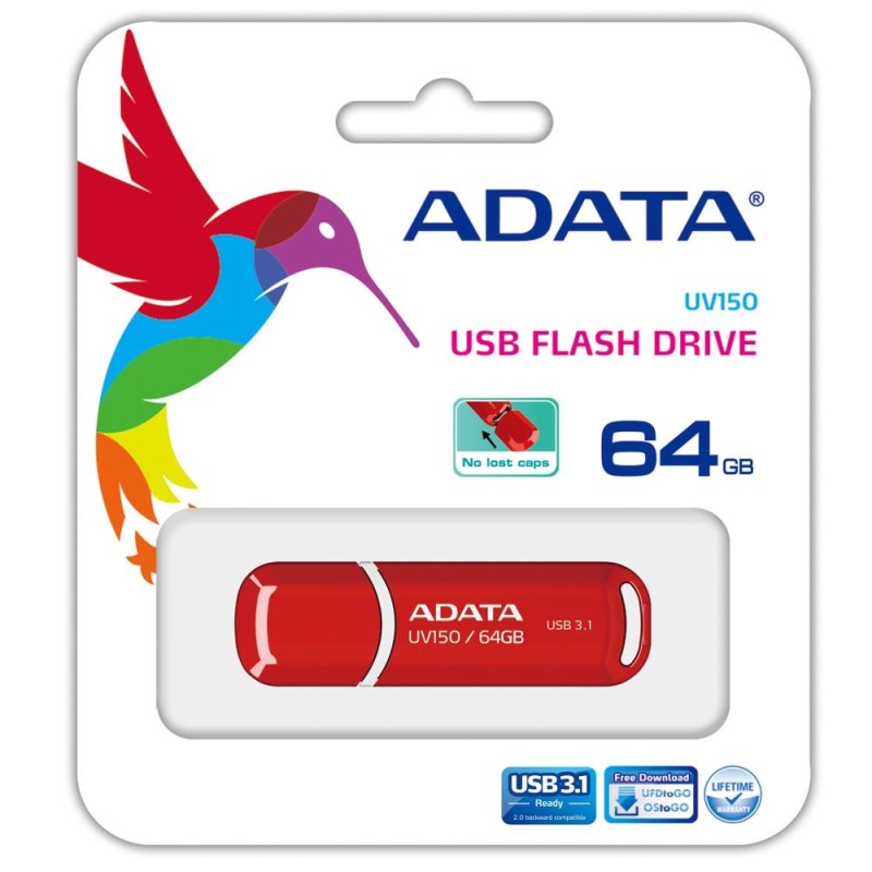 MEMORY DRIVE FLASH USB3.1 64GB/RED AUV150-64G-RRD ADATA MEMORY DRIVE FLASH USB3.1 64GB/RED AUV150-64G-RRD ADATA
