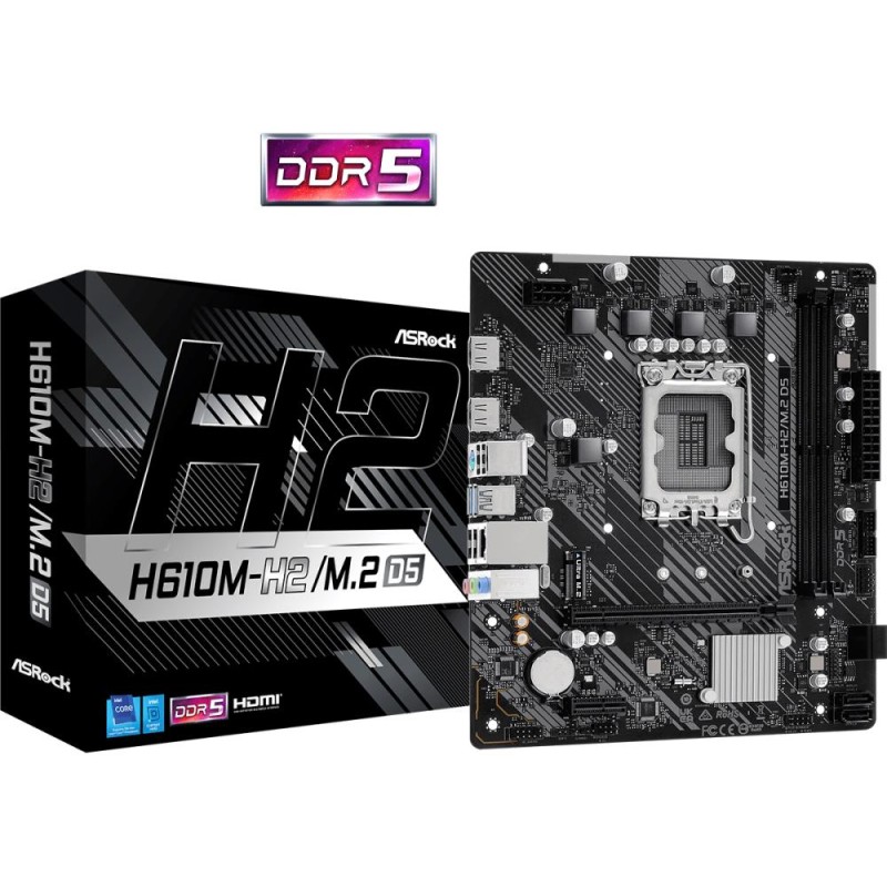 Mainboard|ASROCK|Intel H610|LGA1700|Micro-ATX|Memory DDR5|Memory slots 2|1xPCI-Express 3.0 1x|1xPCI-Express 4.0 16x|1xM.2|2xHDMI Mainboard|ASROCK|Intel H610|LGA1700|Micro-ATX|Memory DDR5|Memory slots 2|1xPCI-Express 3.0 1x|1xPCI-Express 4.0 16x|1xM.2|2xHDMI