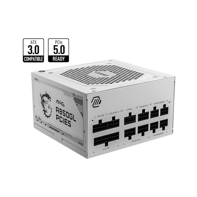 Power Supply|MSI|850 Watts|Efficiency 80 PLUS GOLD|PFC Active|MAGA850GLPCIE5WHITE Power Supply|MSI|850 Watts|Efficiency 80 PLUS GOLD|PFC Active|MAGA850GLPCIE5WHITE