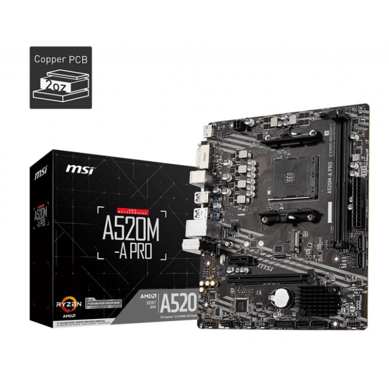 Mainboard|MSI|AMD A520|SAM4|MicroATX|1xPCI-Express 3.0 1x|1xPCI-Express 3.0 16x|1xM.2|Memory DDR4|Memory slots 2|1xDVI|1xHDMI|2x