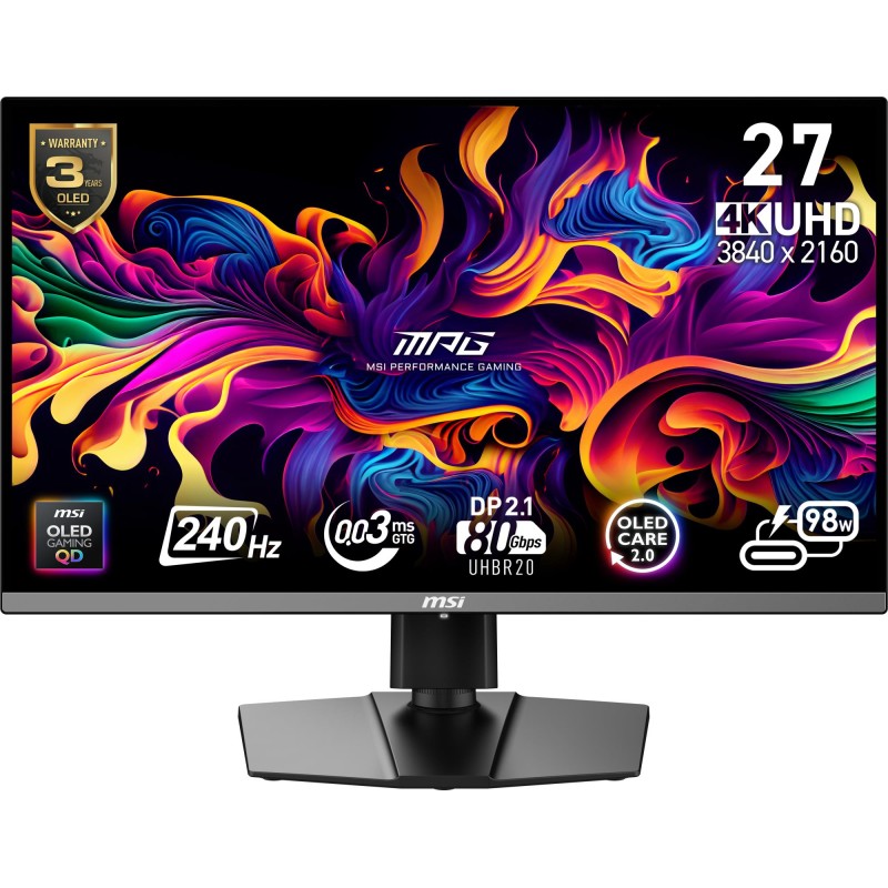 Monitor|MSI|MPG 272URX QD-OLED|27"|Gaming/4K|Matte|Panel QD-OLED|3840x2160|16:9|240 ??|0.03 ms|Swivel|Pivot|Height adjustable|Ti