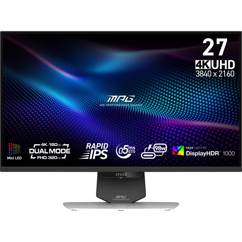 LCD Monitor|MSI|MPG 274URDFW E16M|27"|Gaming/Frameless/4K|Matte|Panel IPS|3840x2160|16:9|320Hz|0.5 ms|Colour White|MPG274URDFWE1