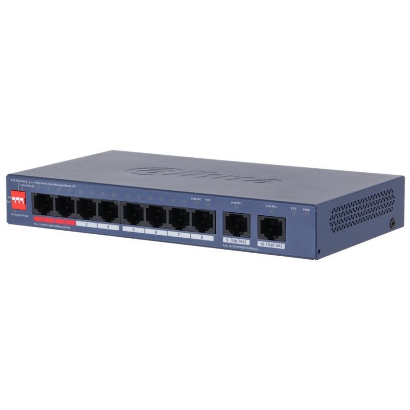 Switch|DAHUA|DH-CS4010-8ET2GT-60|Switch layer L2|8xRJ-45 ports|RJ-45 Ports Type Fast Ethernet (10/100)|2xGigabit Ethernet (coppe