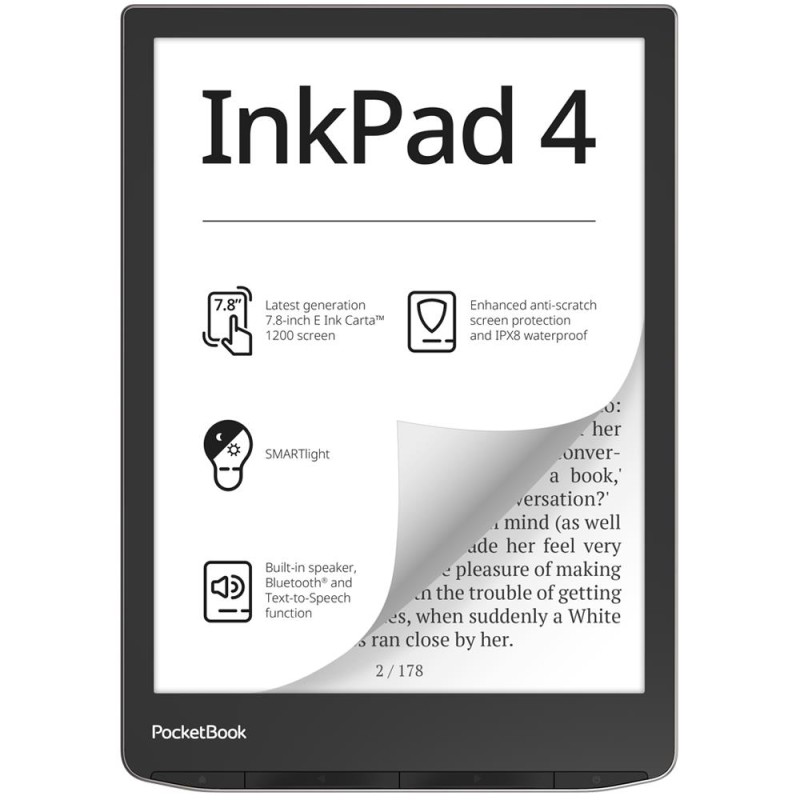 7640152093234E-Reader|POCKETBOOK|InkPad 4|7.8"|1872x1404|1xAudio-Out|1xUSB-C|Micro SD|Wireless LAN|Bluetooth|PB743G-U-WW
