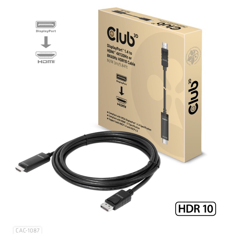 8719214472436CABLE DP TO HDMI 3M/M/M CAC-1087 CLUB3D