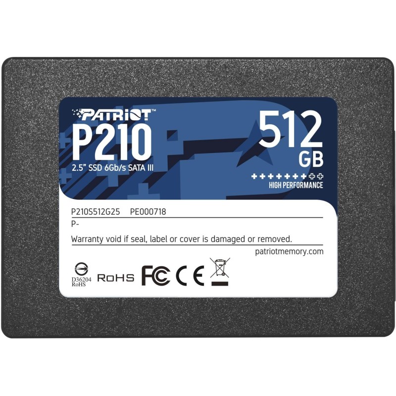 814914026816SSD PATRIOT P210 512GB SATA 3.0 Write speed 430 MBytes sec Read speed 520 MBytes sec 2,5" TBW 240 TB