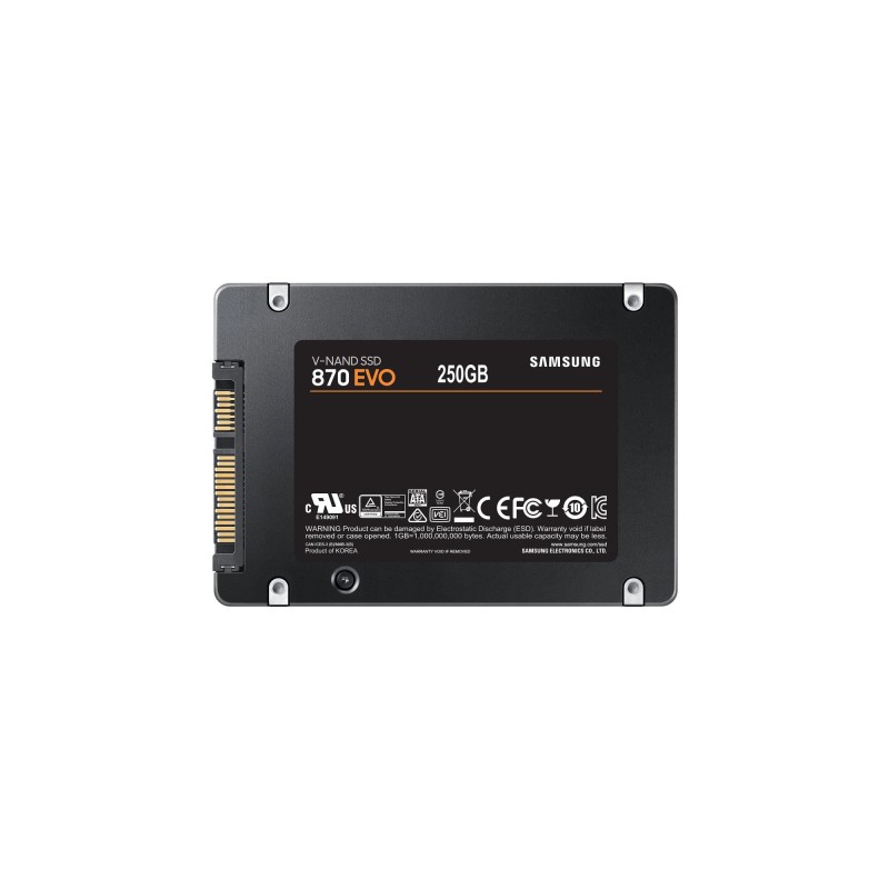 8806090545931SSD SAMSUNG 870 EVO 250GB SATA MLC Write speed 530 MBytes sec Read speed 560 MBytes sec 2,5" TBW 150 TB MTBF hours MZ-77