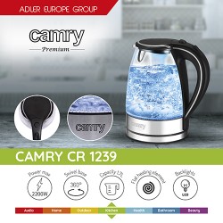 Camry Kettle CR 1239 Electric 2000 W 1.7 L Glass 360 rotational base Black